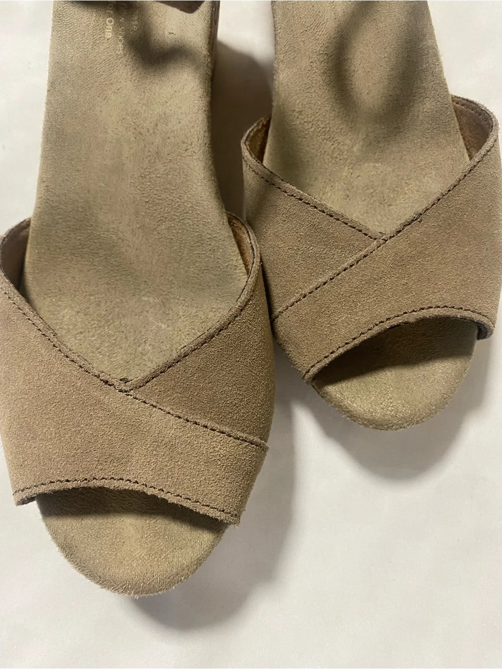 Toms Taupe Suede Wedge Sandals with Cork Platform